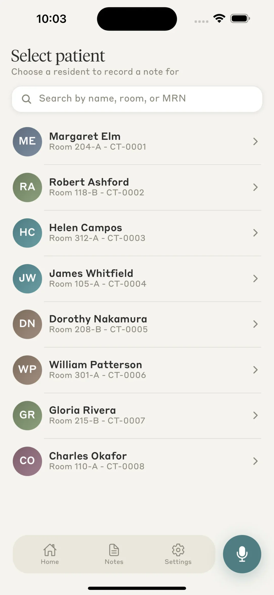 CareTrace resident selection screen