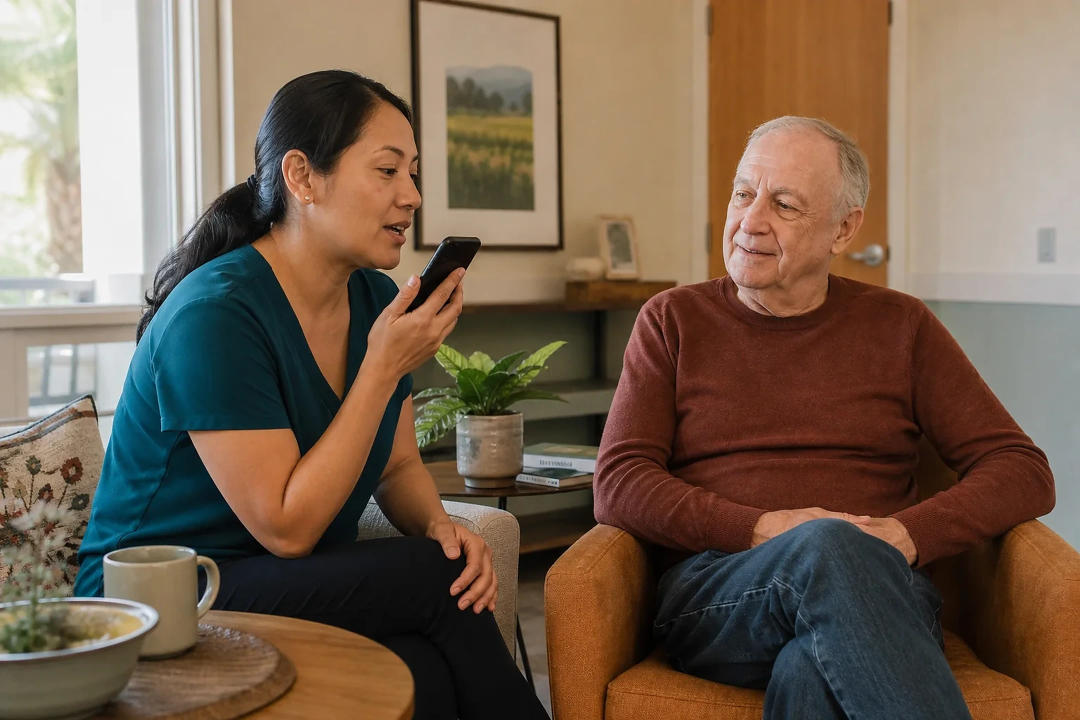 A care manager speaking a brief care observation into a phone beside a resident